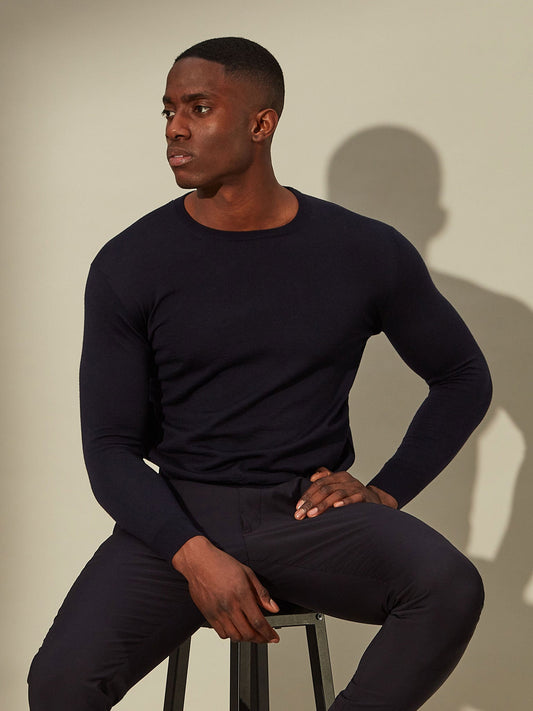 blue merino wool sweater, comfortable, versatile and sharp.