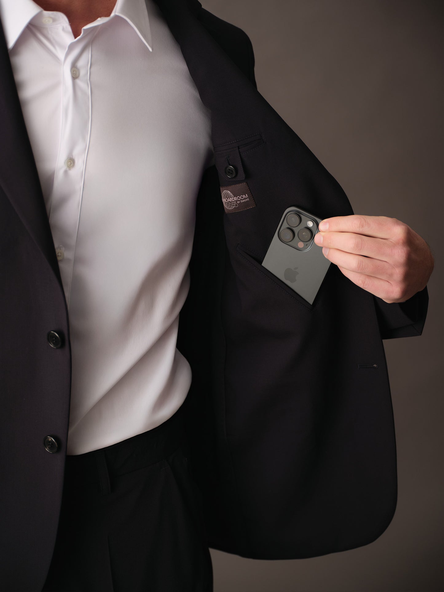 Internal security pocket on wool blazer designed for travel essentials