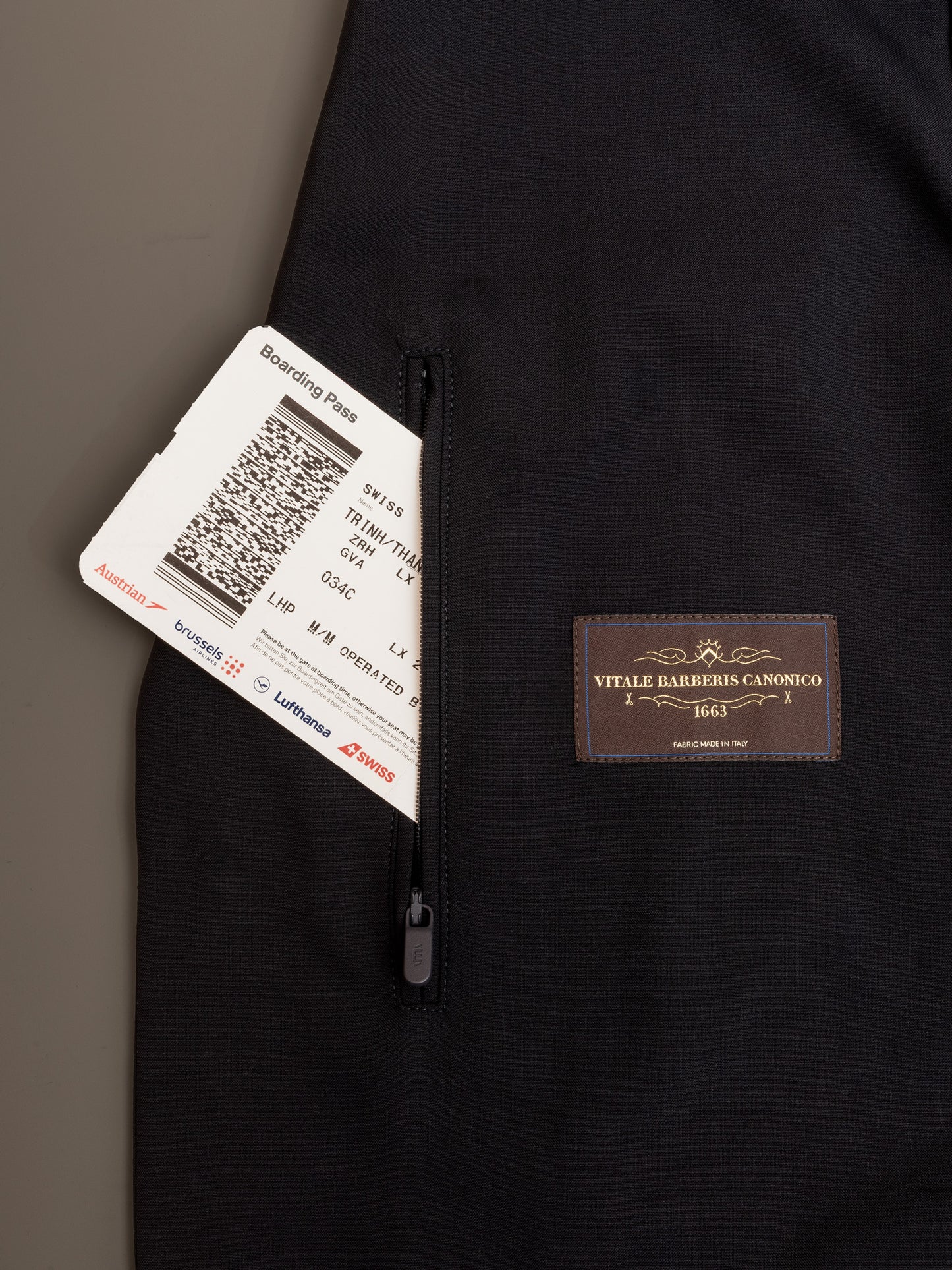 Vitale Barberis Canonico fabric label and zip pocket inside woolen blazer for men