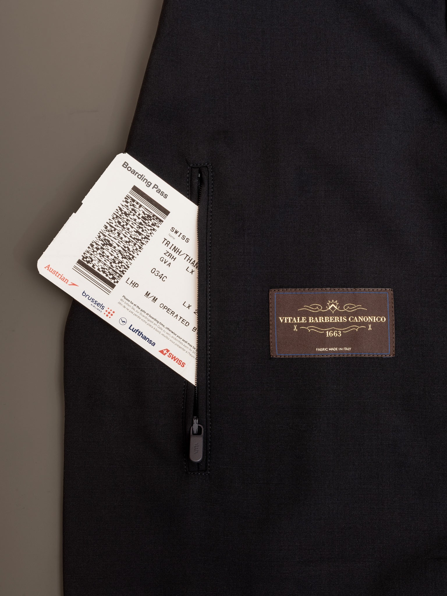 Vitale Barberis Canonico fabric label and zip pocket inside woolen blazer for men