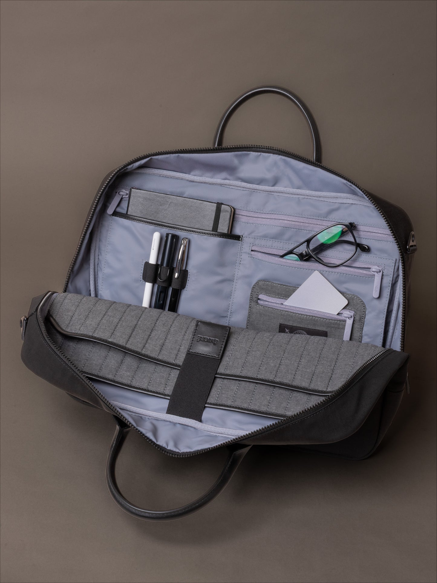Mens briefcase with organised interior compartments for laptop, documents and daily essentials