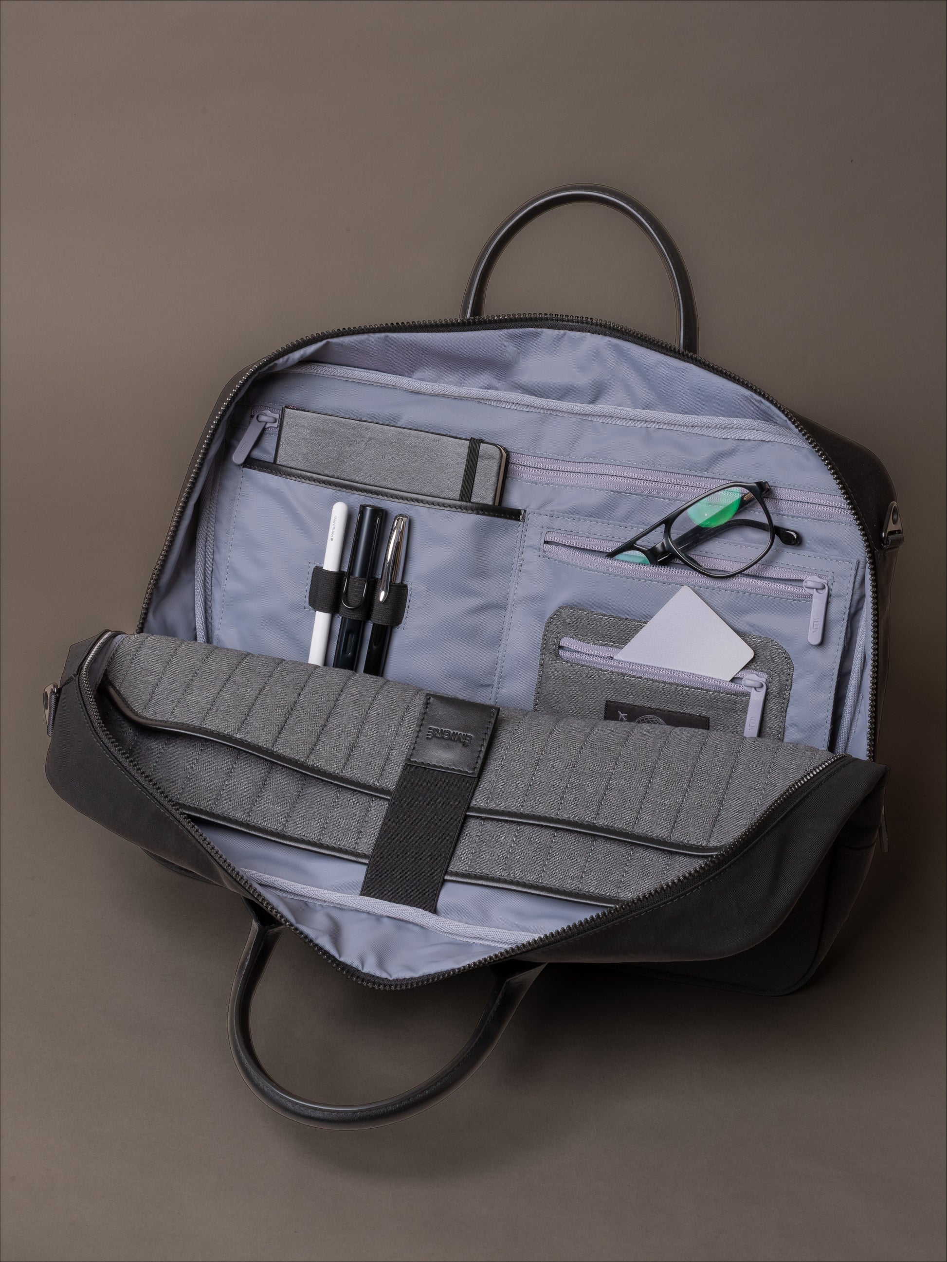 Mens briefcase with organised interior compartments for laptop, documents and daily essentials
