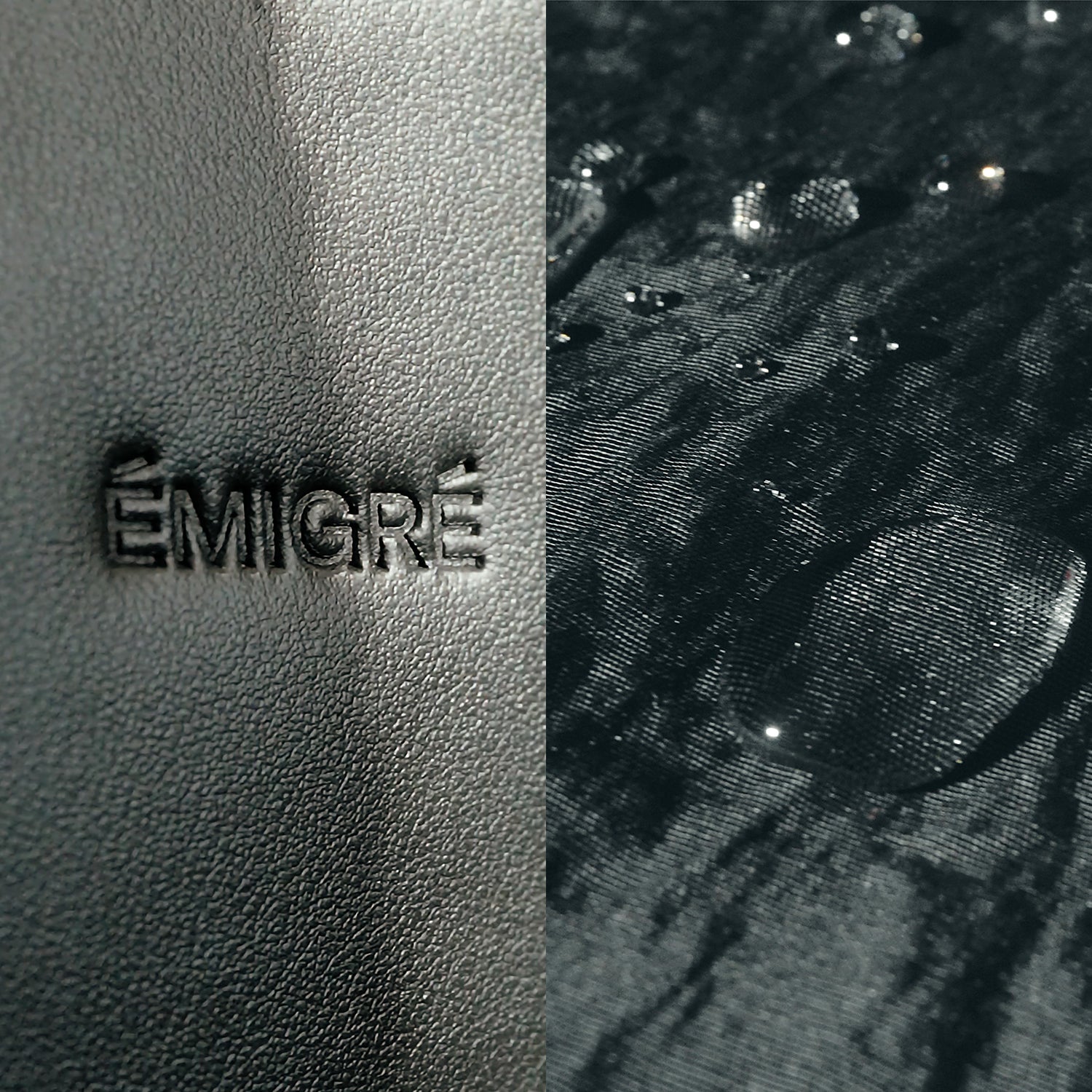 Material detail showing recycled Robic nylon, Italian leather and premium trims