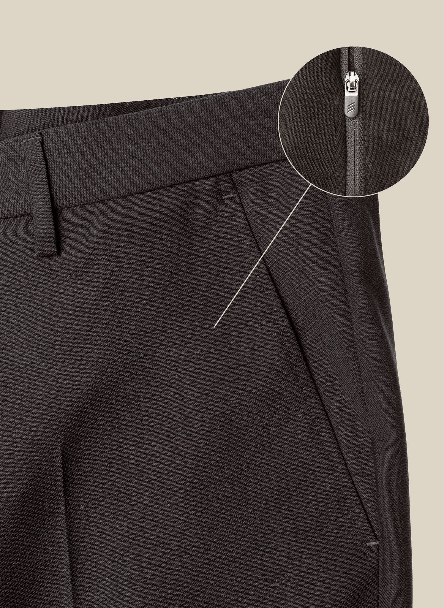 Versatile men's grey wool trousers with button-through back pockets and functional front pockets